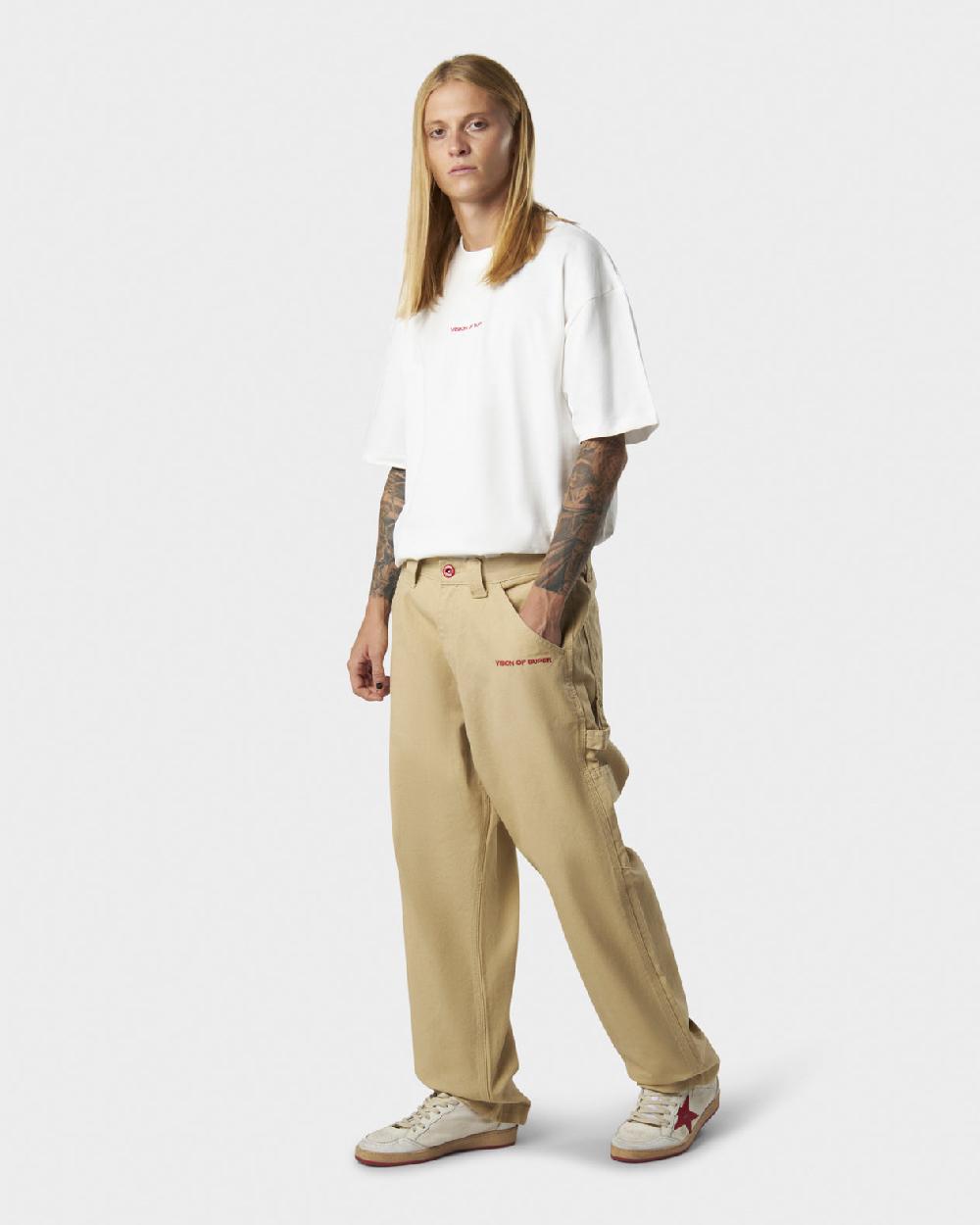 Vision Of Super BEIGE WORKER DENIM WITH EMBROIDERED FLAMES ON POCKETS AND RED NEW BIG LABEL Offerta