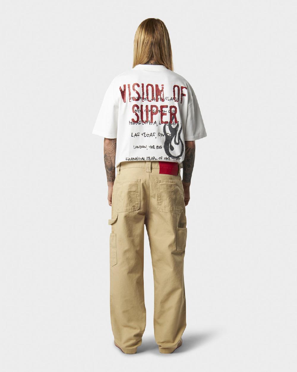 Vision Of Super BEIGE WORKER DENIM WITH EMBROIDERED FLAMES ON POCKETS AND RED NEW BIG LABEL Offerta
