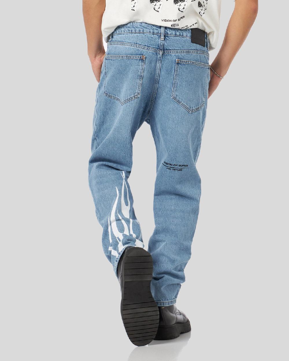 Vision Of Super BLUE DENIM JEANS WITH PRINTED FLAMES AND LOGO Saldi