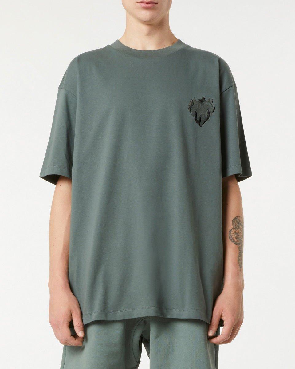 Vision Of Super BALSAM GREEN T-SHIRT WITH EMBROIDERED FLAMING HEART Nuova