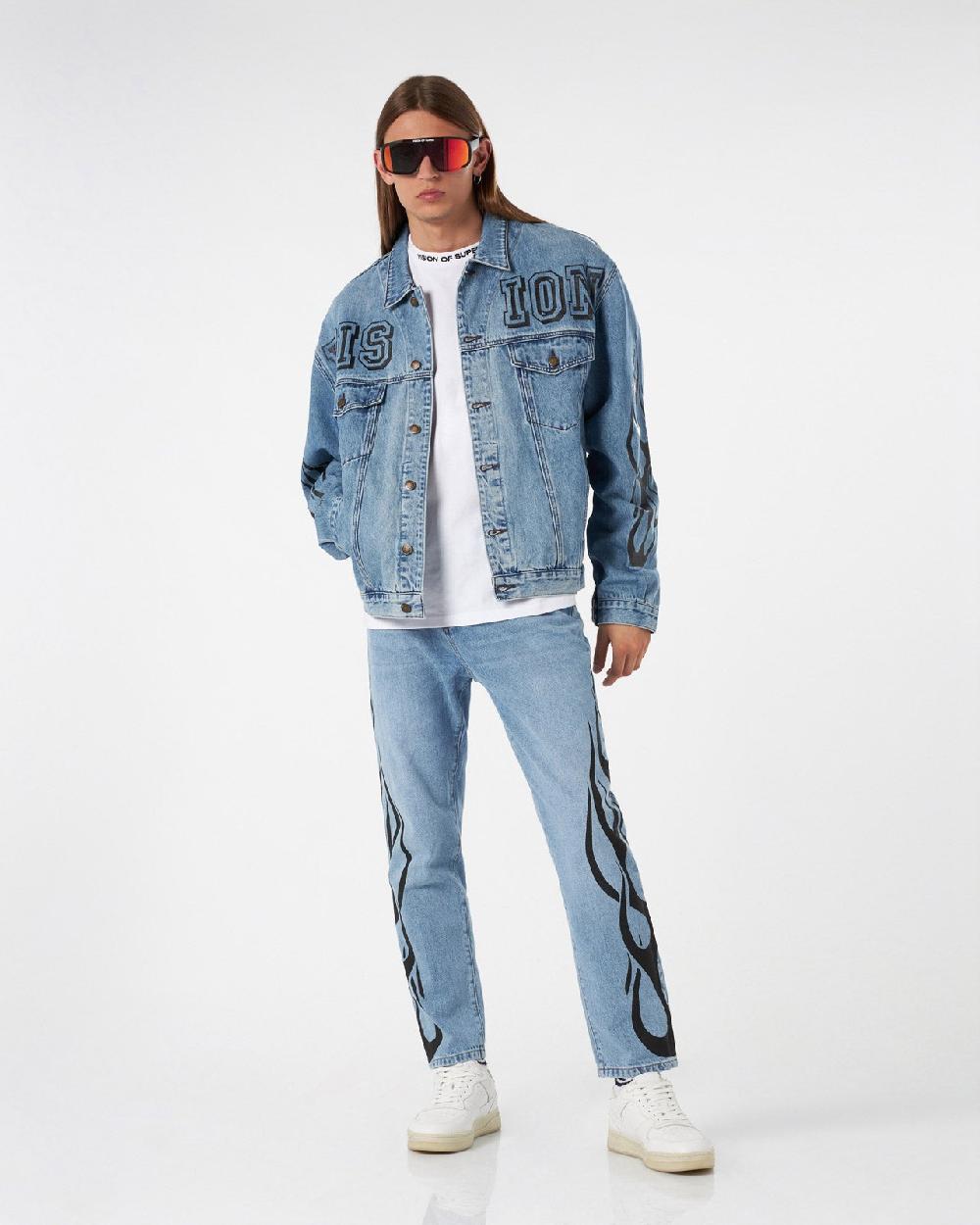 Vision Of Super BLUE DENIM JACKET WITH BLACK TRIBAL FLAMES In Linea