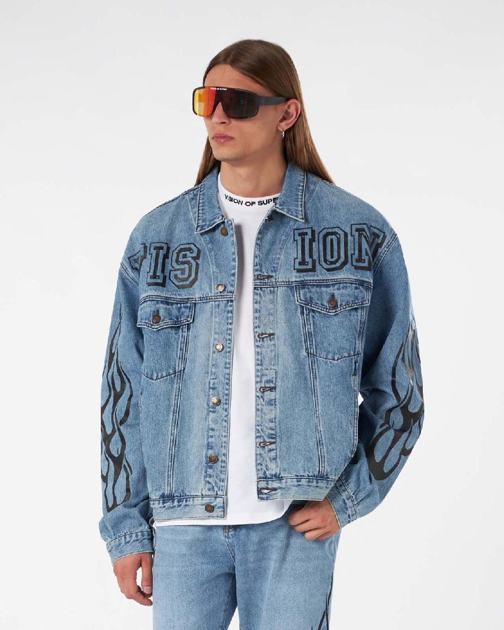 Vision Of Super BLUE DENIM JACKET WITH BLACK TRIBAL FLAMES In Linea
