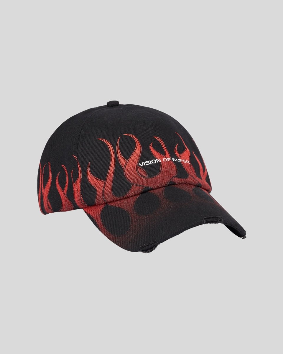 Vision Of Super BLACK CAP WITH RED FLAMES Nuovo