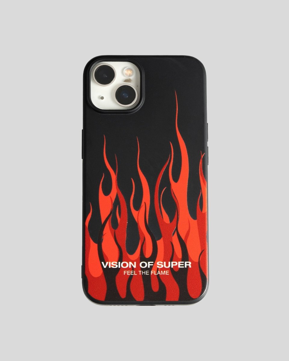 Vision Of Super BLACK iPHONE 14 PRO COVER WITH RED FLAMES AND WHITE LOGO Vendita