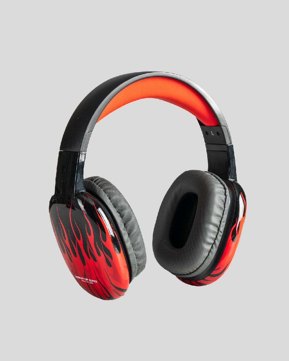 Vision Of Super BLACK HEADPHONES WITH RED FLAMES AND WHITE LOGO Spedizione Gratuita