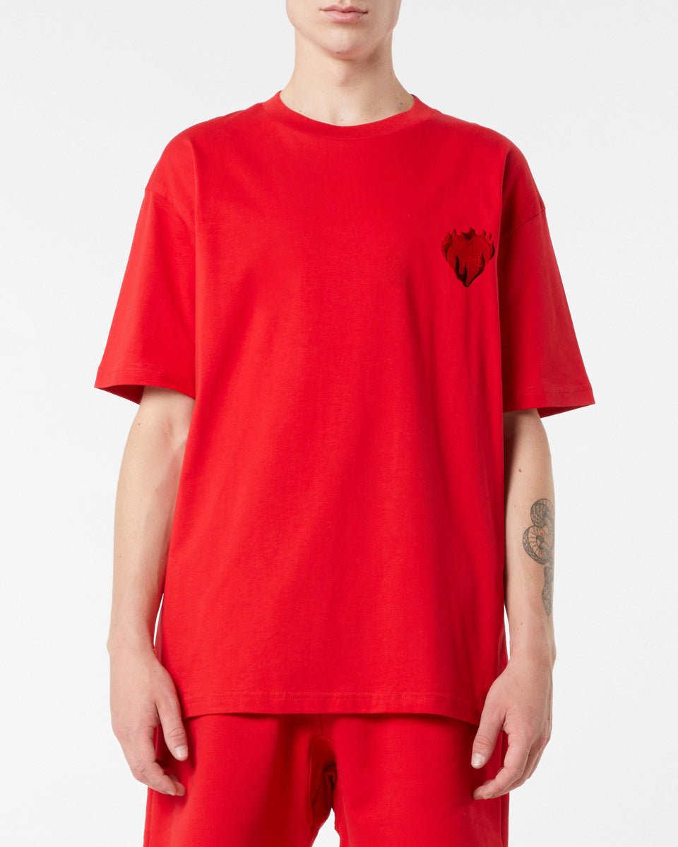 Vision Of Super RED T-SHIRT WITH EMBROIDERED FLAMING HEART Prezzo Ridotto