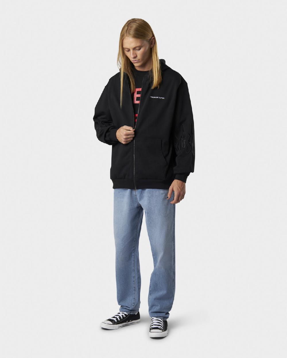 Vision Of Super BLACK HOODIE ZIP WITH EMBROIDERED WHITE LOGO BLACK FLAMES AND METAL LABEL + BUTTON Sottocosto