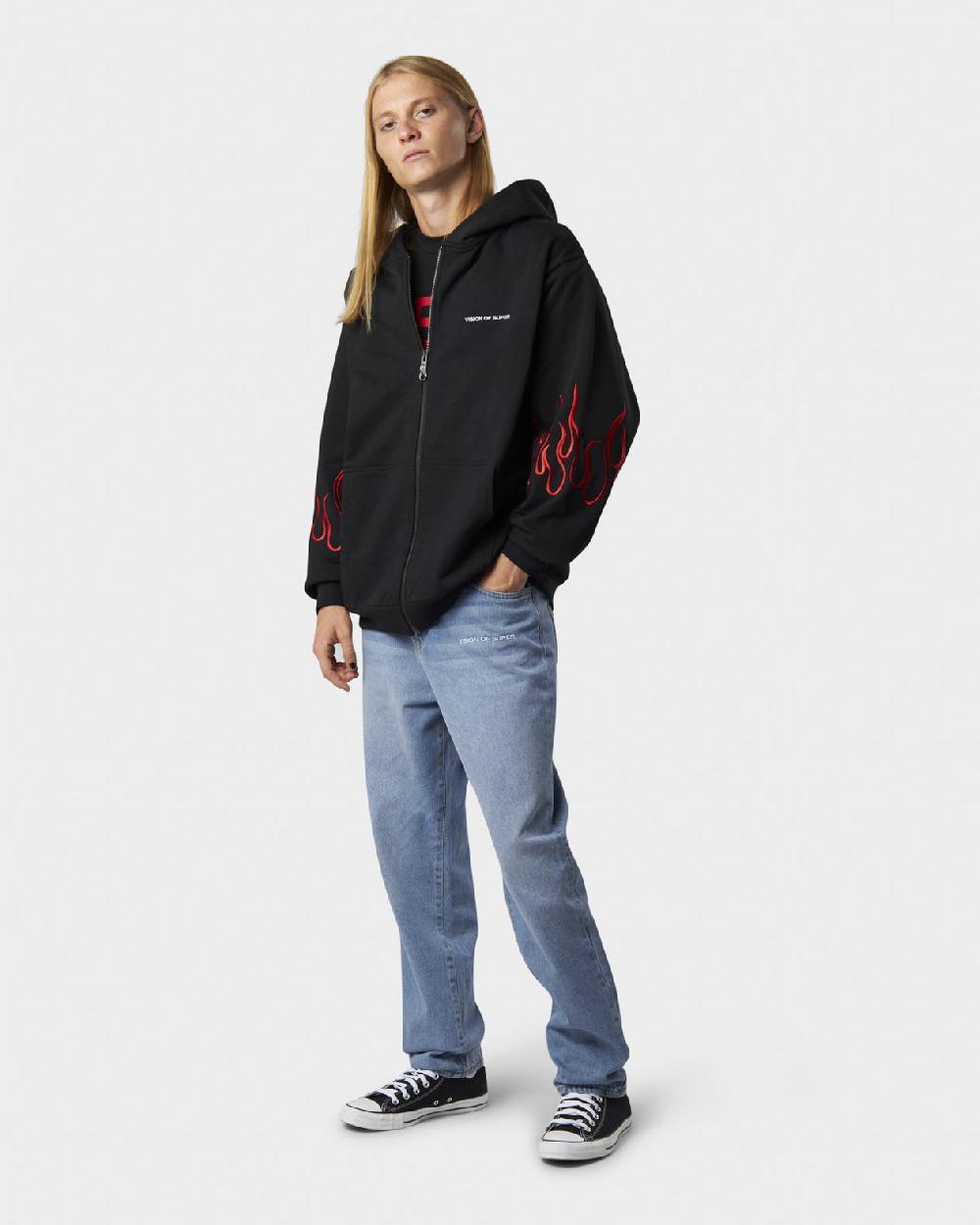 Vision Of Super BLACK HOODIE ZIP WITH EMBROIDERED WHITE LOGO EMBROIDERED RED FLAMES AND METAL LABEL + BUTTON Convenienza