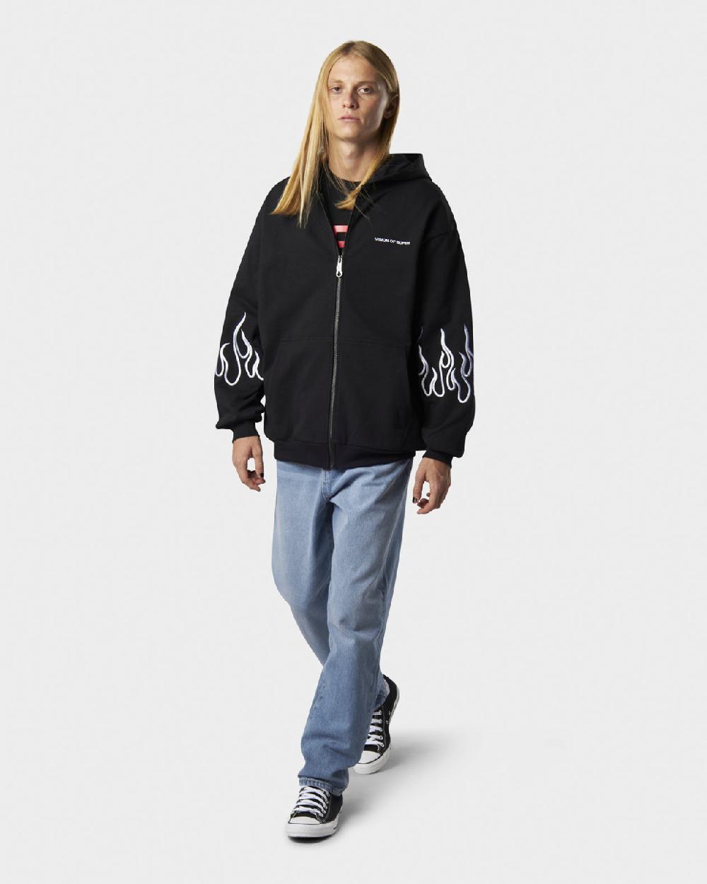 Vision Of Super BLACK HOODIE ZIP WITH EMBROIDERED WHITE LOGO EMBROIDERED WHITE FLAMES AND METAL LABEL + BUTTON Novità