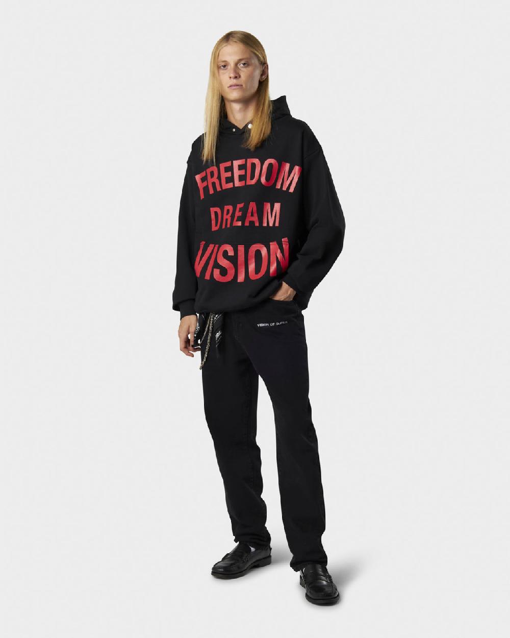 Vision Of Super BLACK HOODIE WITH FREEDOM PRINT METAL LABEL AND BUTTON Presa