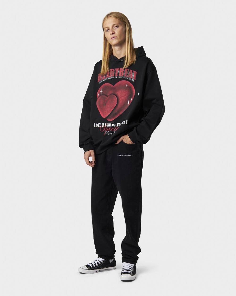 Vision Of Super BLACK HOODIE WITH HEARTBEAT PRINT ON FRONT AND METAL LABEL AND BUTTON Offerta