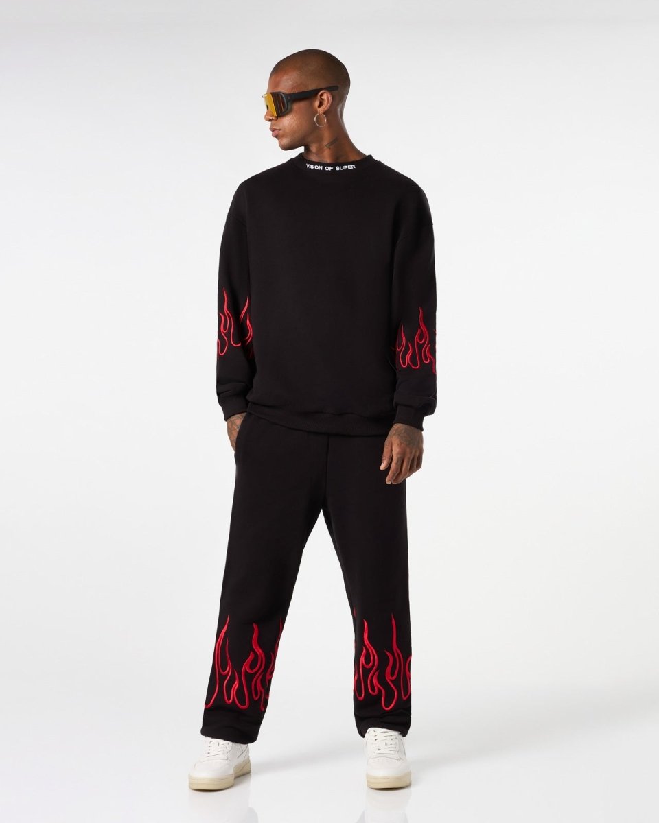 Vision Of Super BLACK CREWNECK WITH RED EMBROIDERED FLAMES Vendite Flash