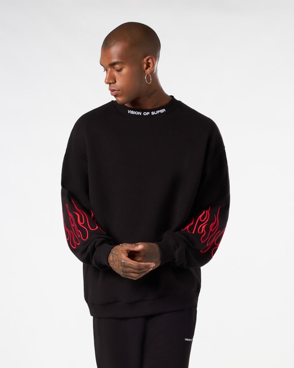 Vision Of Super BLACK CREWNECK WITH RED EMBROIDERED FLAMES Vendite Flash