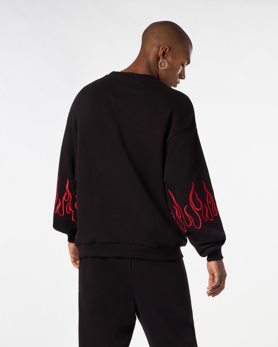 Vision Of Super BLACK CREWNECK WITH RED EMBROIDERED FLAMES Vendite Flash