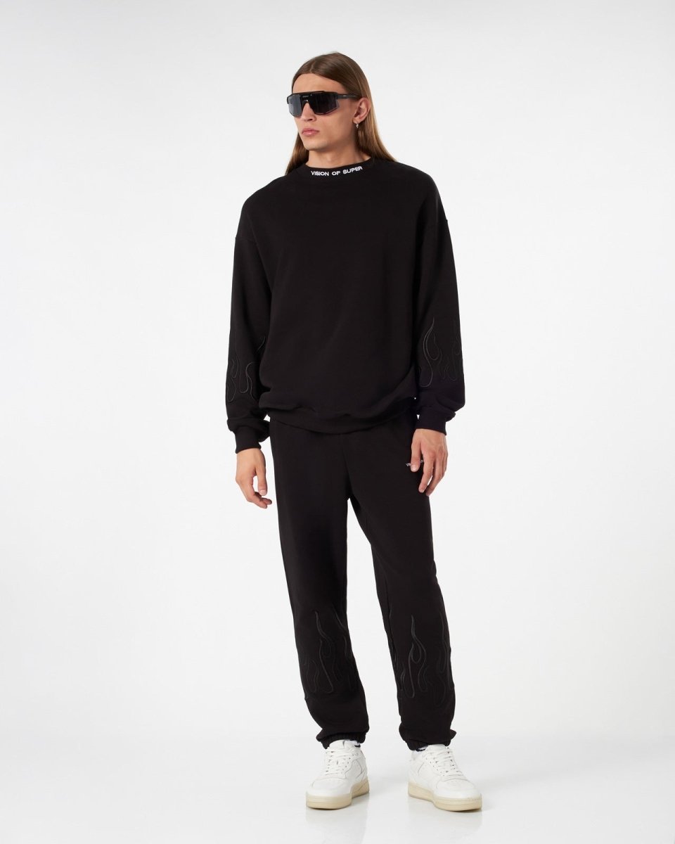 Vision Of Super BLACK CREWNECK WITH BLACK EMBROIDERED FLAMES Negozio