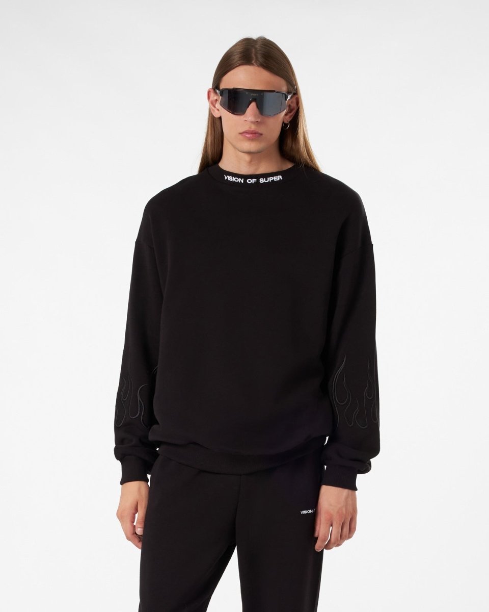Vision Of Super BLACK CREWNECK WITH BLACK EMBROIDERED FLAMES Negozio