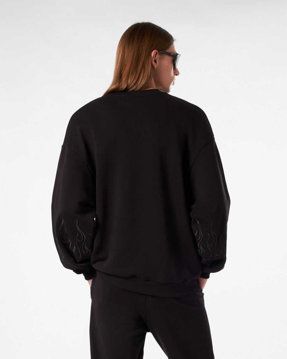 Vision Of Super BLACK CREWNECK WITH BLACK EMBROIDERED FLAMES Negozio
