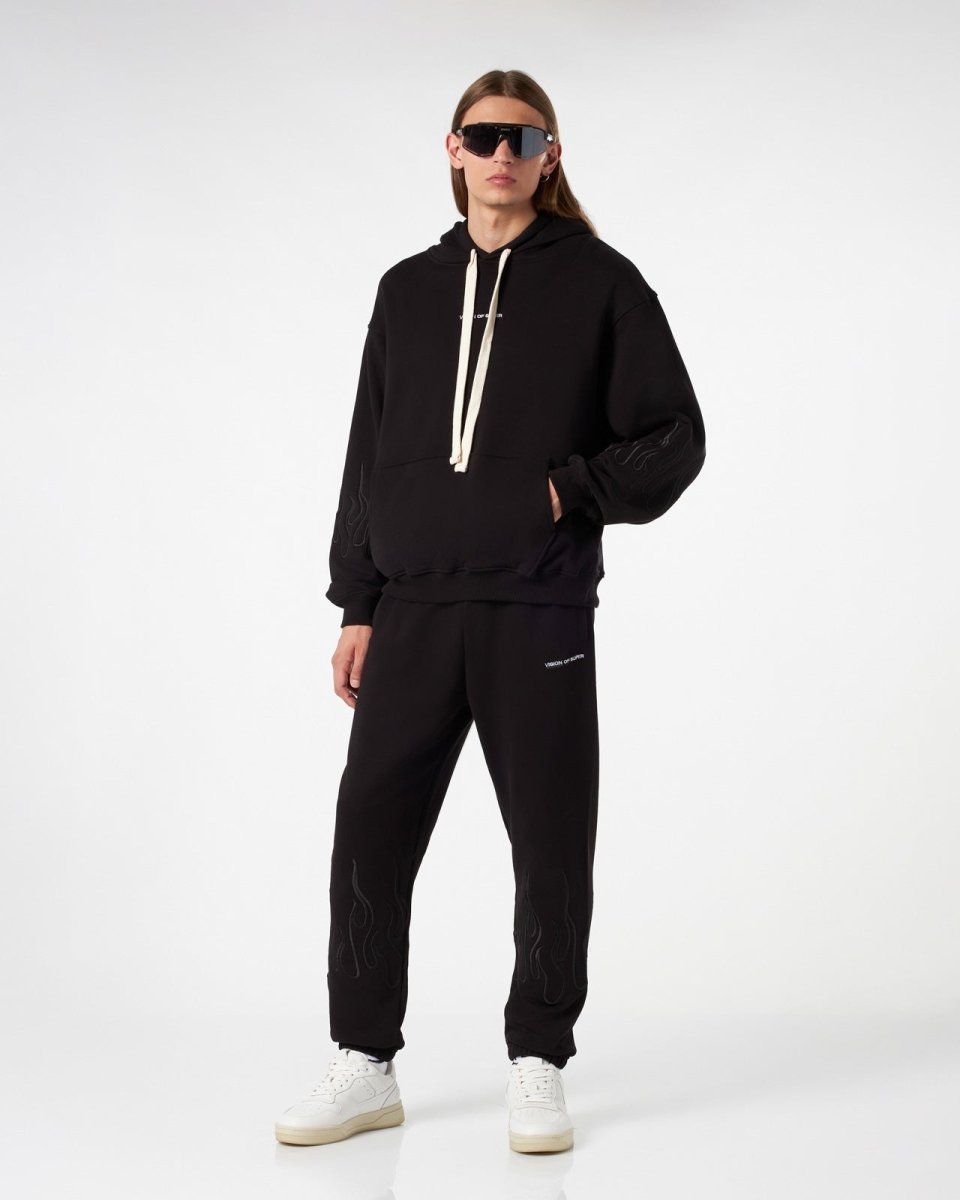 Vision Of Super BLACK HOODIE WITH BLACK EMBROIDERED FLAMES In Saldo