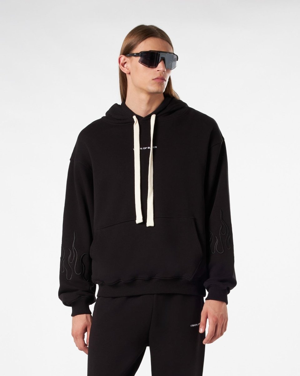 Vision Of Super BLACK HOODIE WITH BLACK EMBROIDERED FLAMES In Saldo