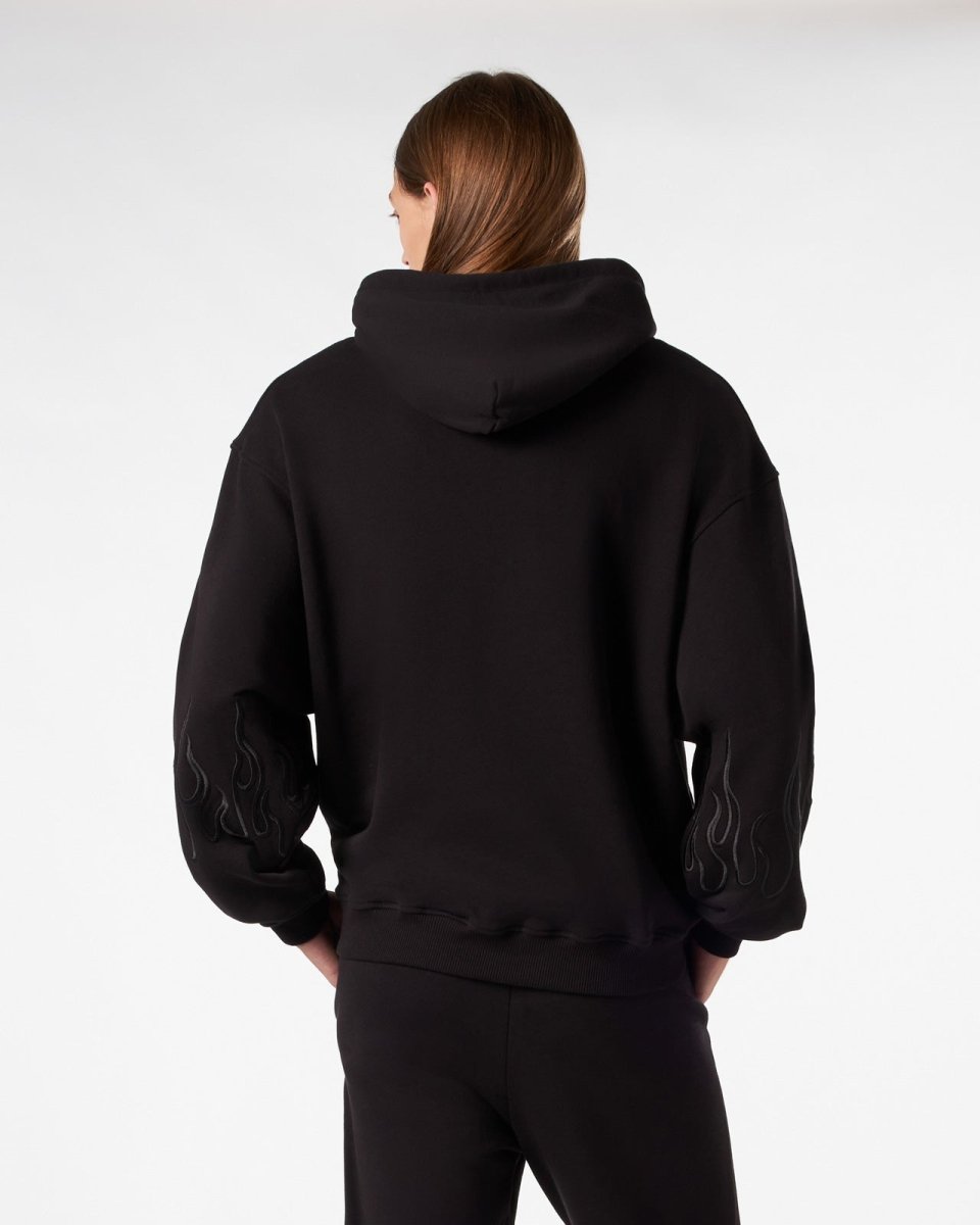 Vision Of Super BLACK HOODIE WITH BLACK EMBROIDERED FLAMES In Saldo