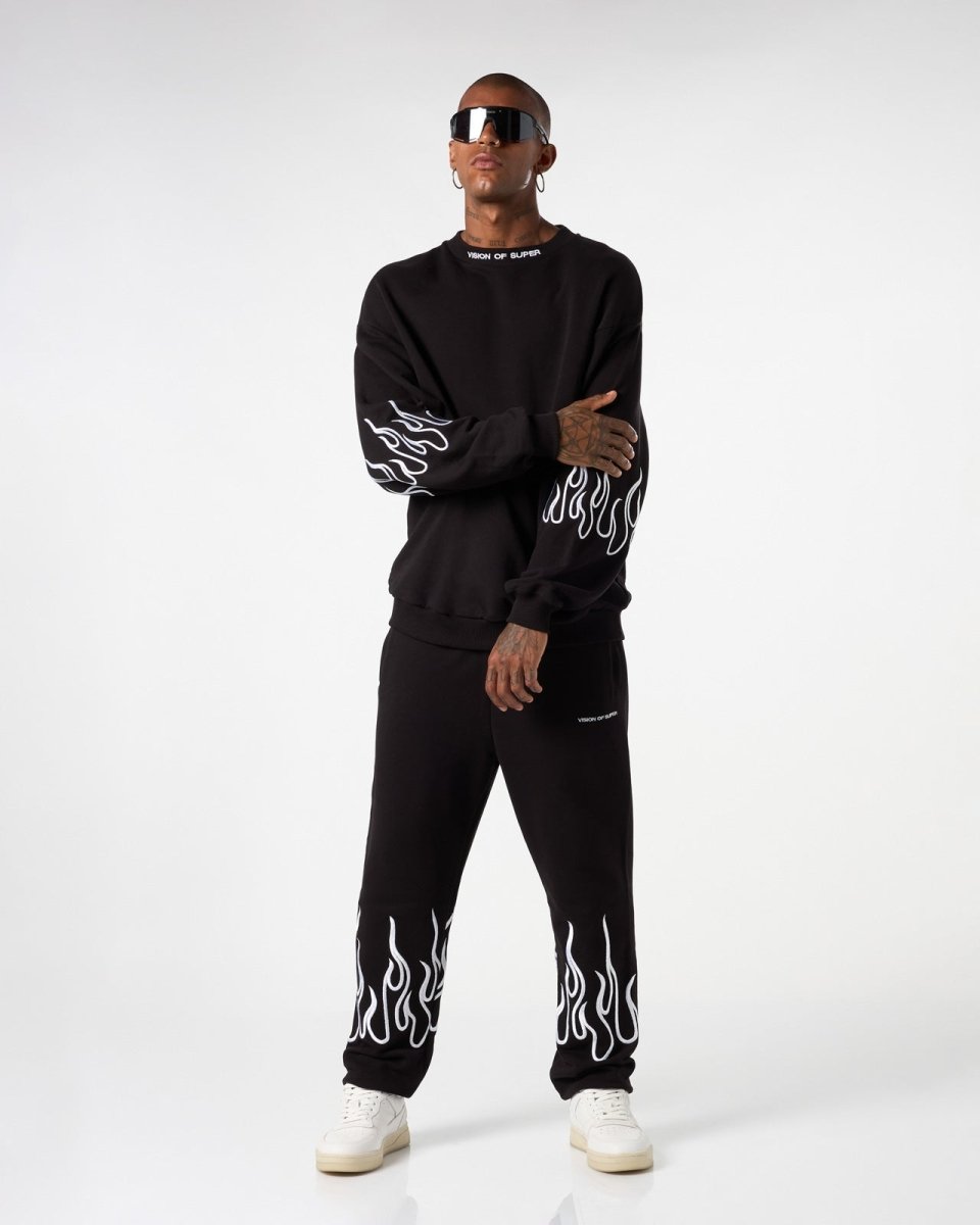 Vision Of Super BLACK CREWNECK WITH WHITE EMBROIDERED FLAMES Nuova