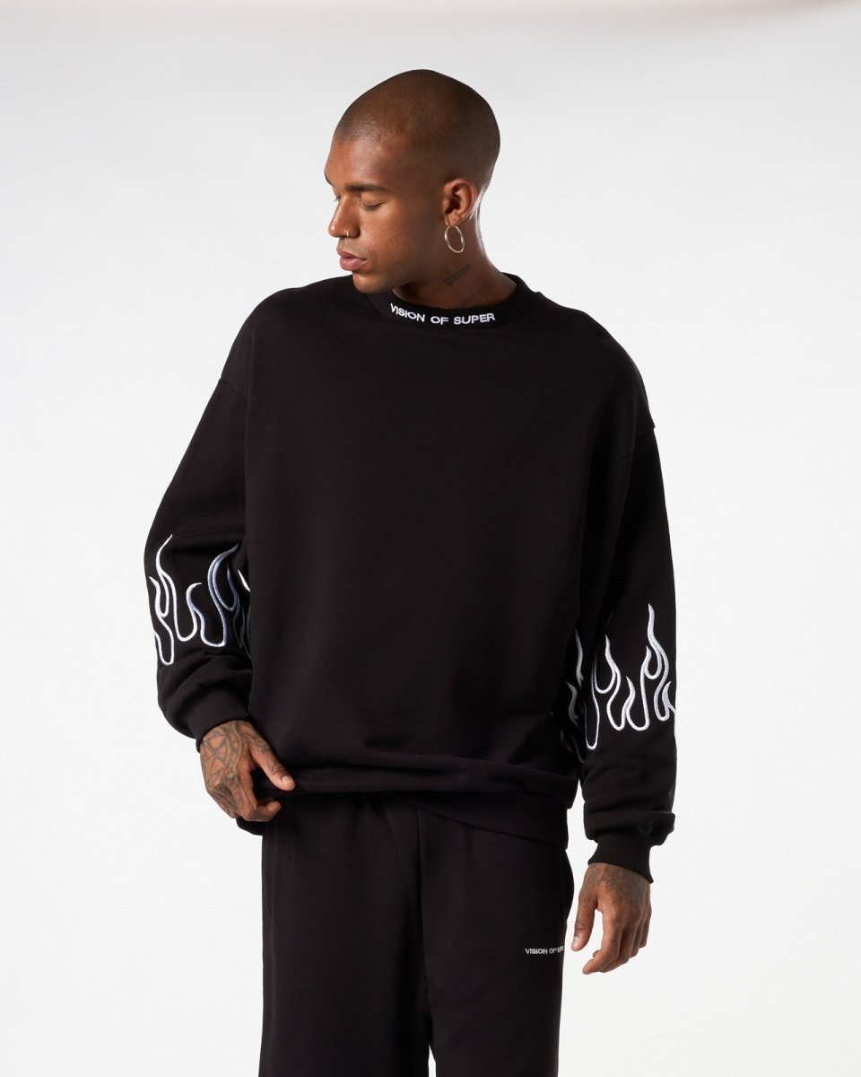 Vision Of Super BLACK CREWNECK WITH WHITE EMBROIDERED FLAMES Nuova