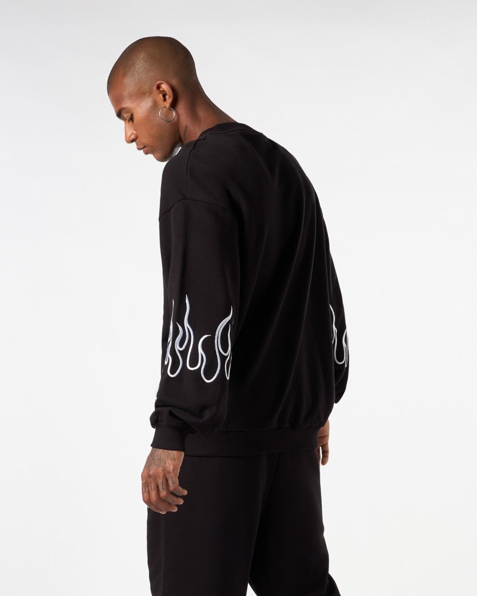 Vision Of Super BLACK CREWNECK WITH WHITE EMBROIDERED FLAMES Nuova