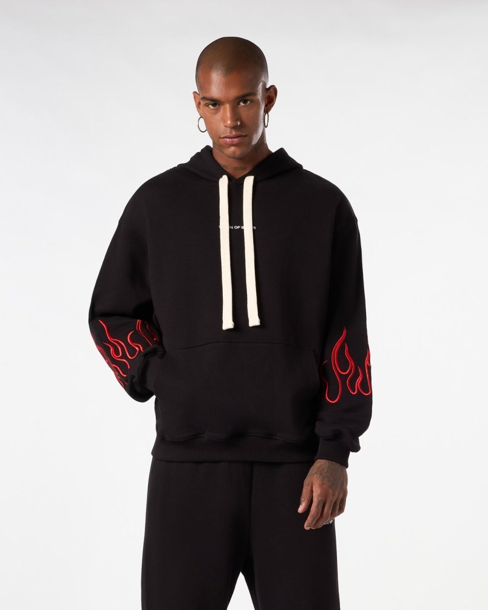 Vision Of Super BLACK HOODIE WITH RED EMBROIDERED FLAMES 2025