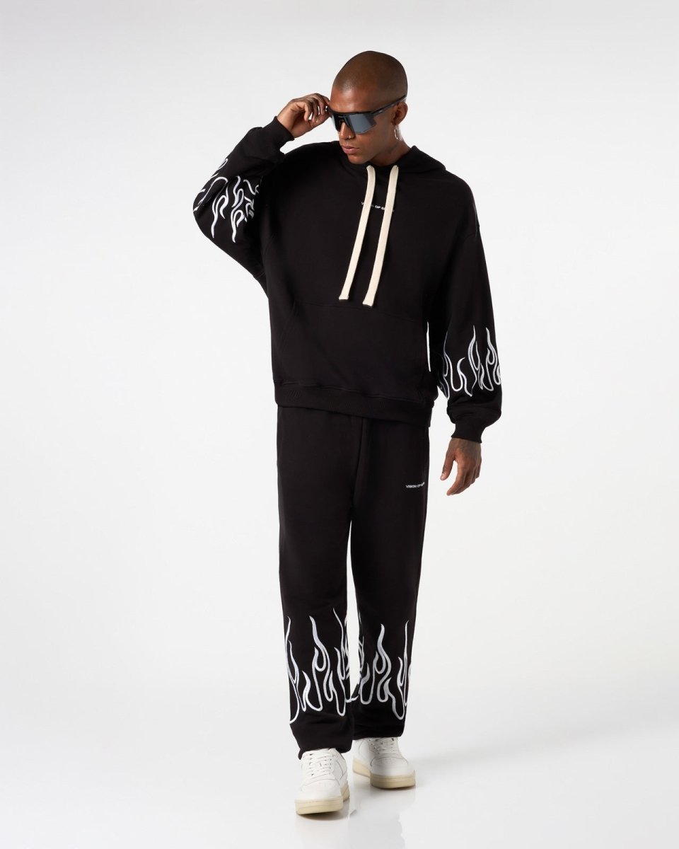 Vision Of Super BLACK HOODIE WITH WHITE EMBROIDERED FLAMES Italy