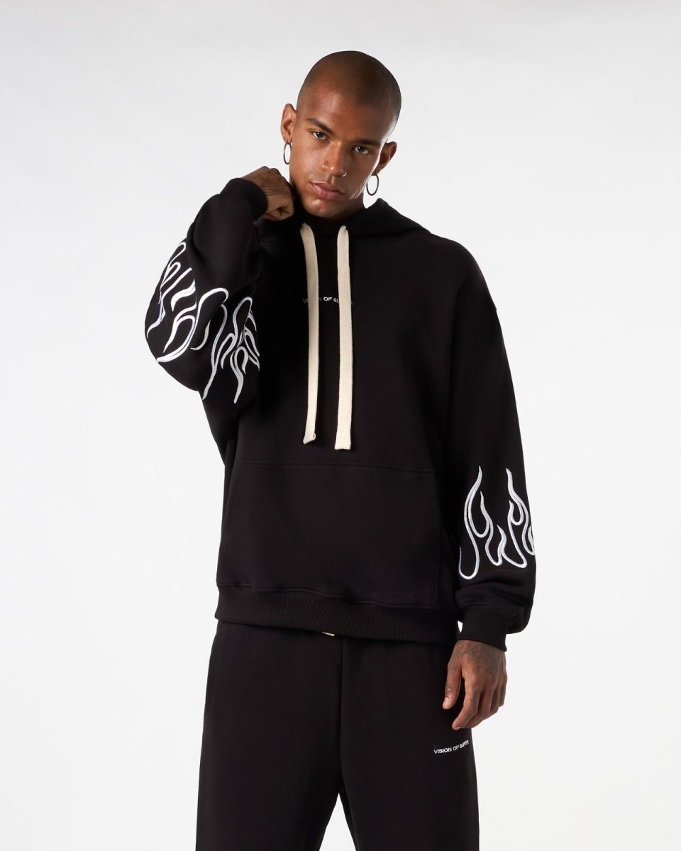Vision Of Super BLACK HOODIE WITH WHITE EMBROIDERED FLAMES Italy