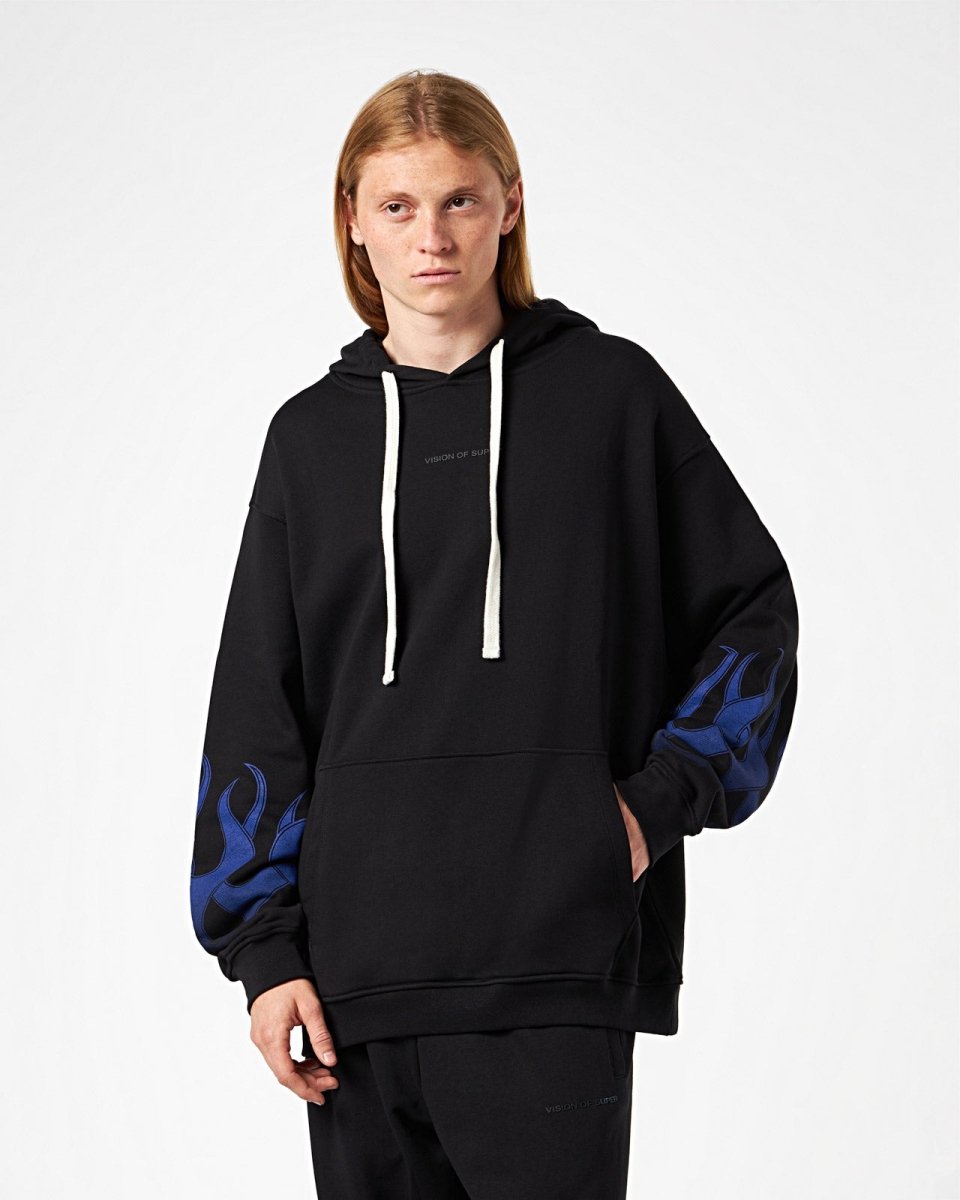 Vision Of Super BLACK HOODIE WITH BLUE FLAMES In Linea