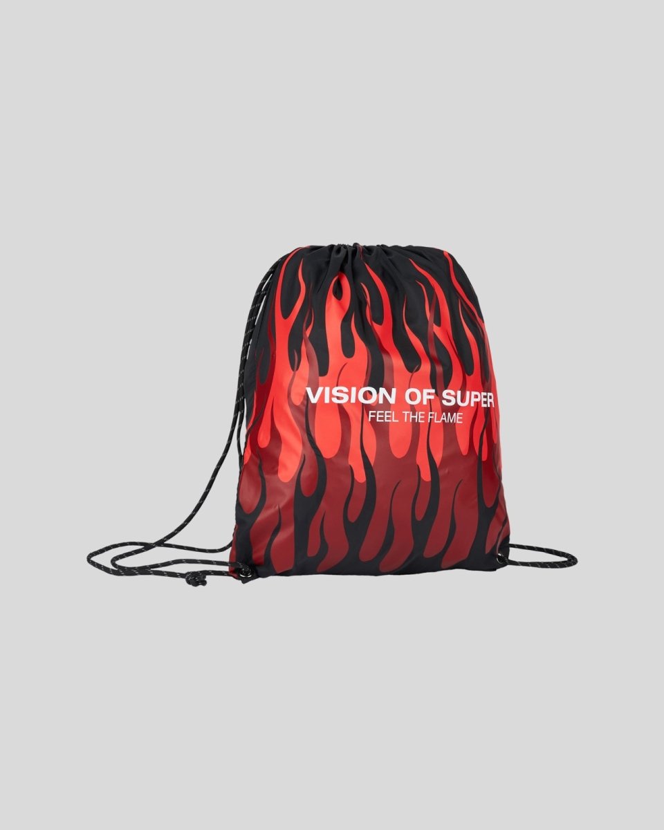 Vision Of Super BLACK DRAWSTRING BACKPACK WITH TRIPLE FLAMES AND LOGO PRINT Prezzo Ridotto