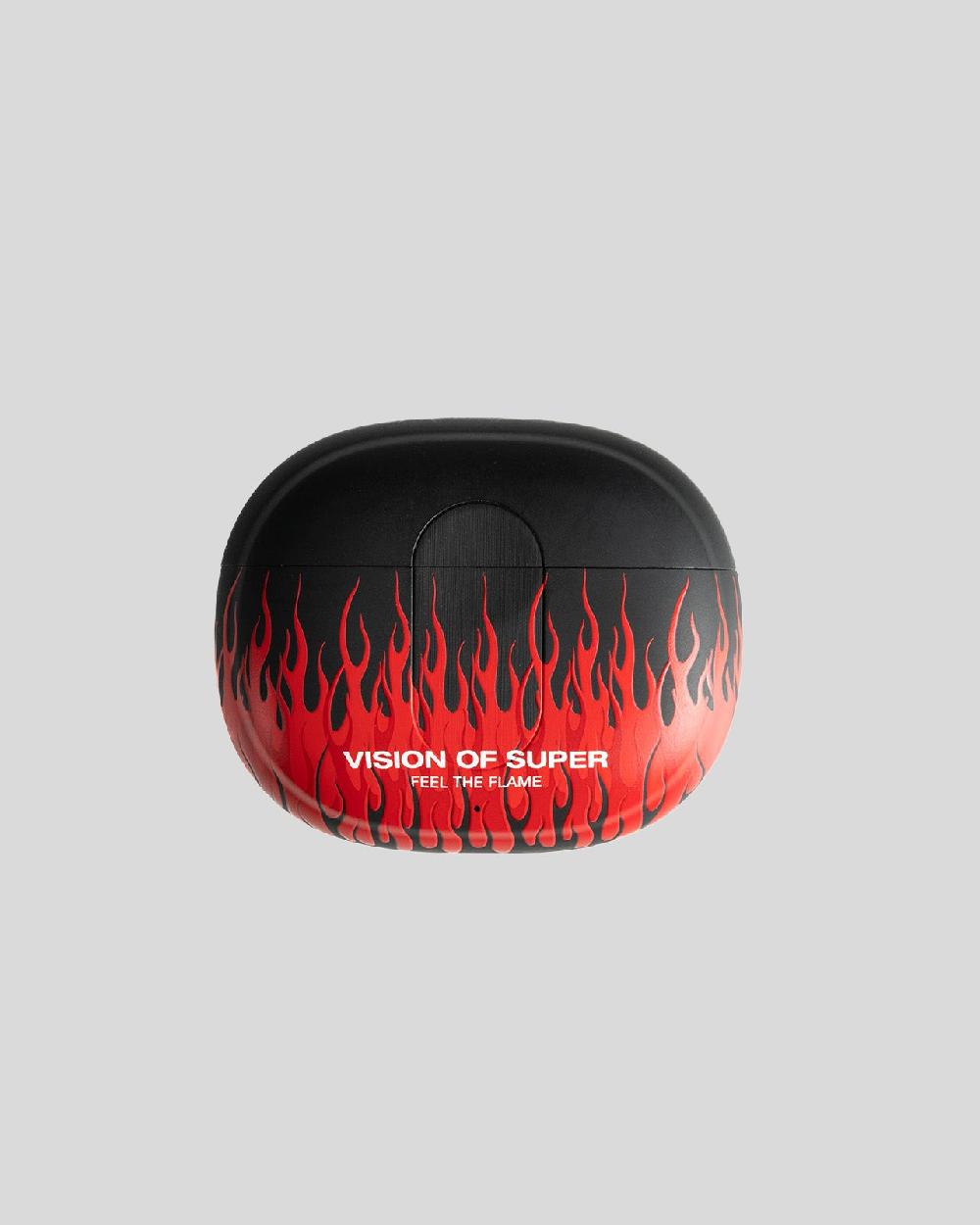Vision Of Super BLACK EARPHONES WITH RED FLAMES AND WHITE LOGO Presa