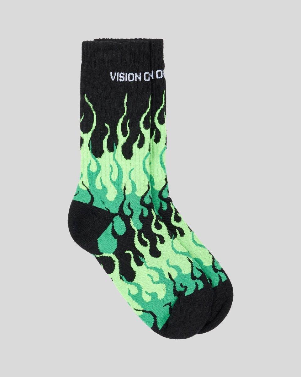 Vision Of Super BLACK SOCKS WITH GREEN TRIPLE FLAMES Offerta