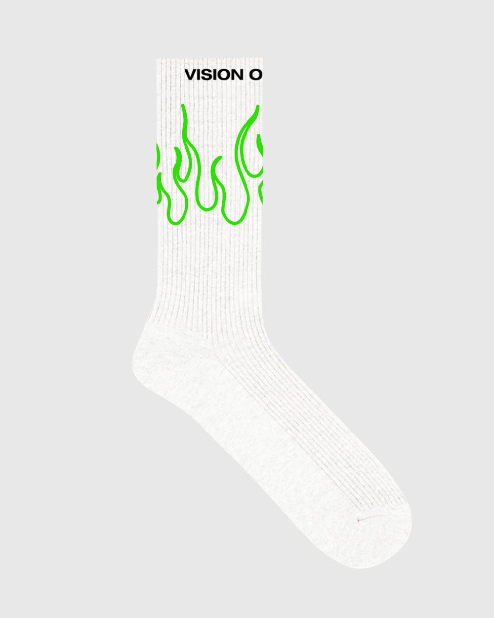 Vision Of Super WHITE SOCKS WITH GREEN OUTLINE FLAMES Offerte