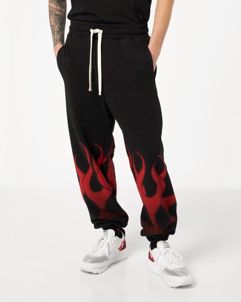 Vision Of Super BLACK PANTS WITH RED FLAMES Promozione Limitata