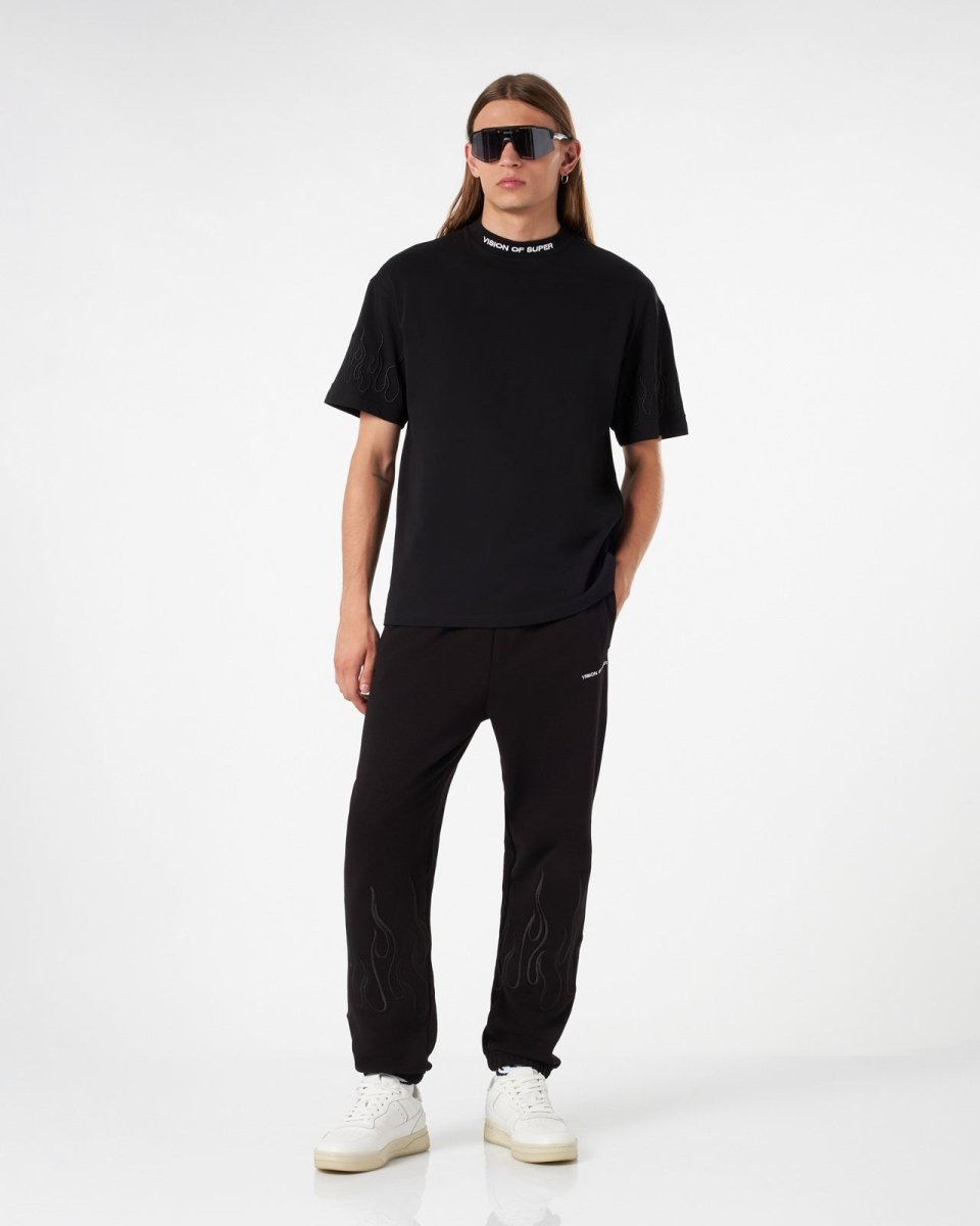 Vision Of Super BLACK PANTS WITH BLACK EMBROIDERED FLAMES Fino Al -60%
