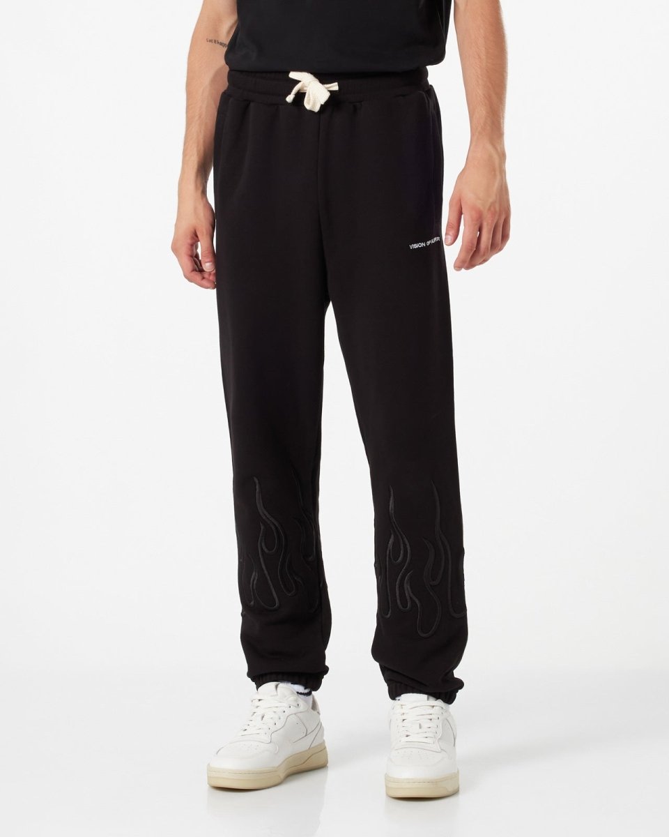 Vision Of Super BLACK PANTS WITH BLACK EMBROIDERED FLAMES Fino Al -60%