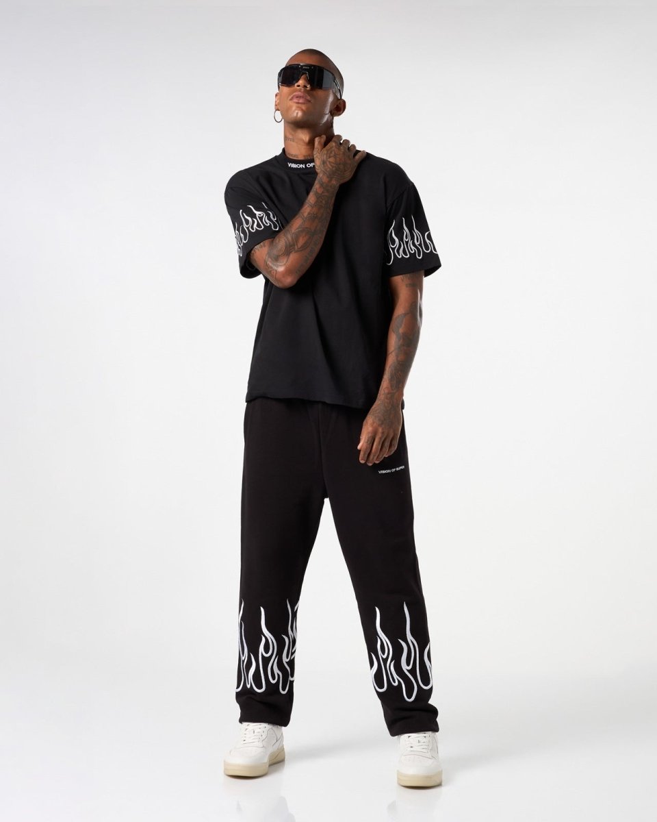 Vision Of Super BLACK PANTS WITH WHITE EMBROIDERED FLAMES Shopping Online
