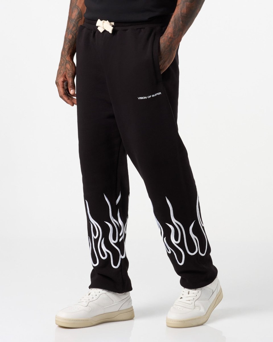 Vision Of Super BLACK PANTS WITH WHITE EMBROIDERED FLAMES Shopping Online