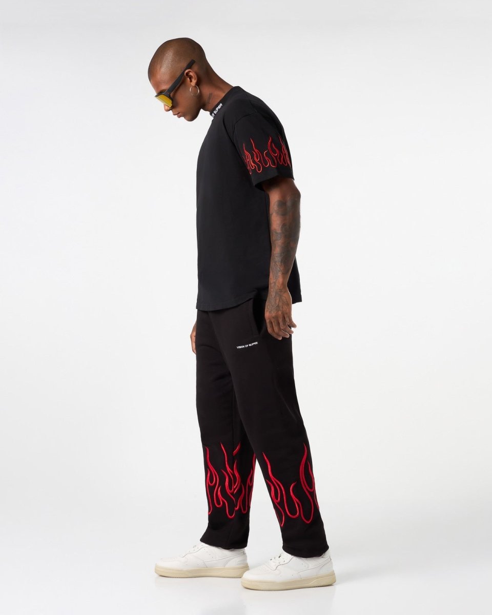 Vision Of Super BLACK PANTS WITH RED EMBROIDERED FLAMES Affare Del Giorno