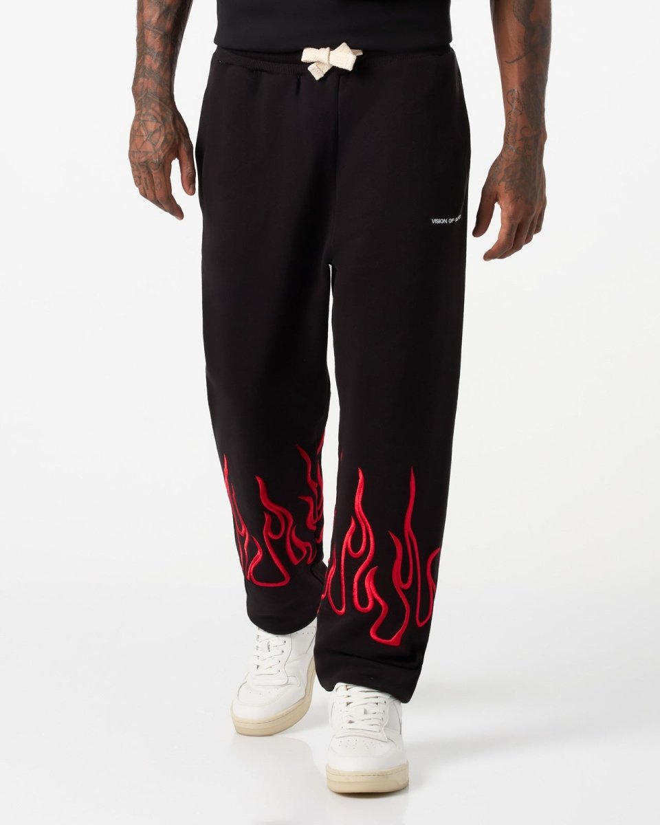 Vision Of Super BLACK PANTS WITH RED EMBROIDERED FLAMES Affare Del Giorno