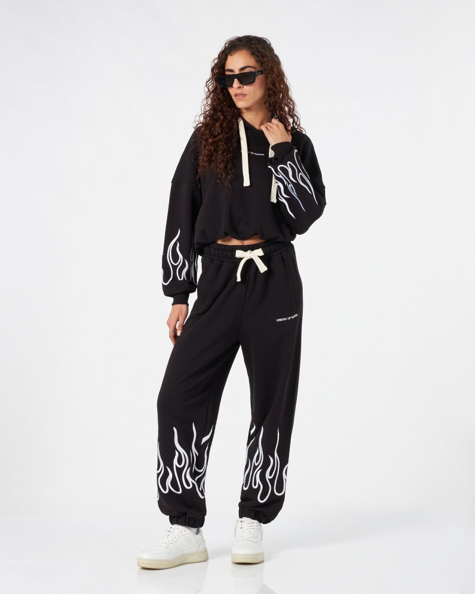 Vision Of Super BLACK WOMAN PANTS WITH WHITE EMBROIDERED FLAMES Prezzo Ridotto