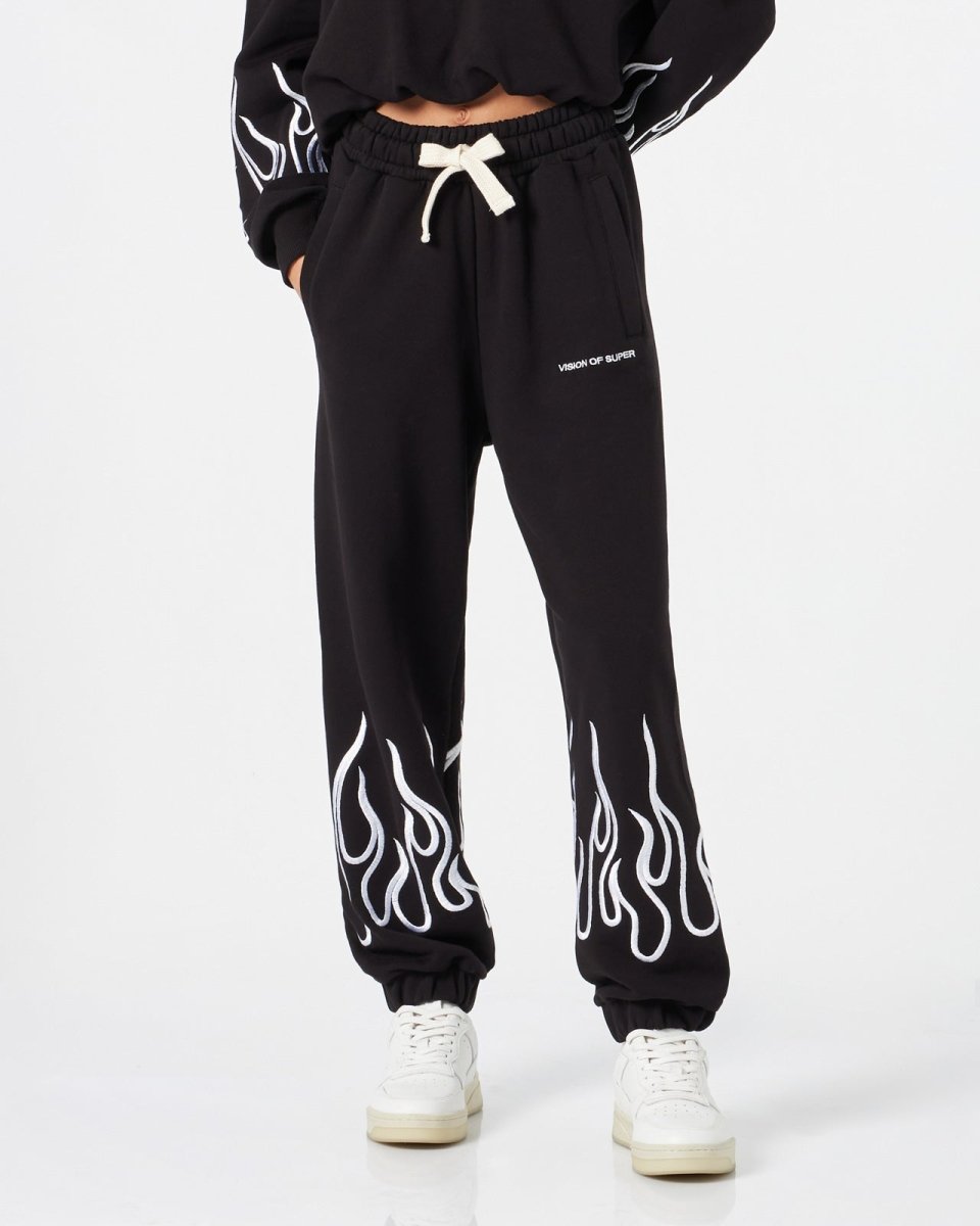Vision Of Super BLACK WOMAN PANTS WITH WHITE EMBROIDERED FLAMES Prezzo Ridotto