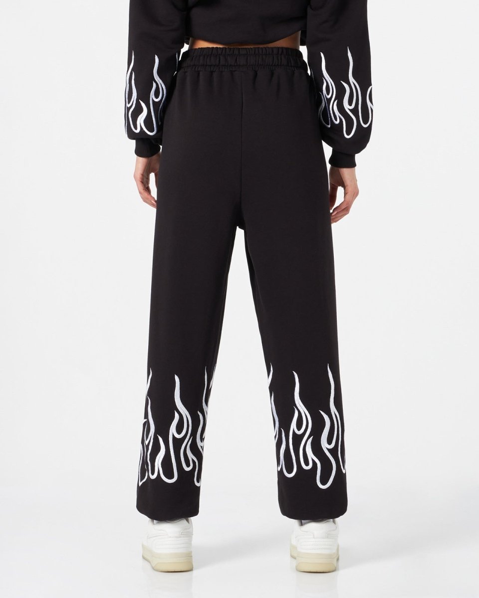 Vision Of Super BLACK WOMAN PANTS WITH WHITE EMBROIDERED FLAMES Prezzo Ridotto