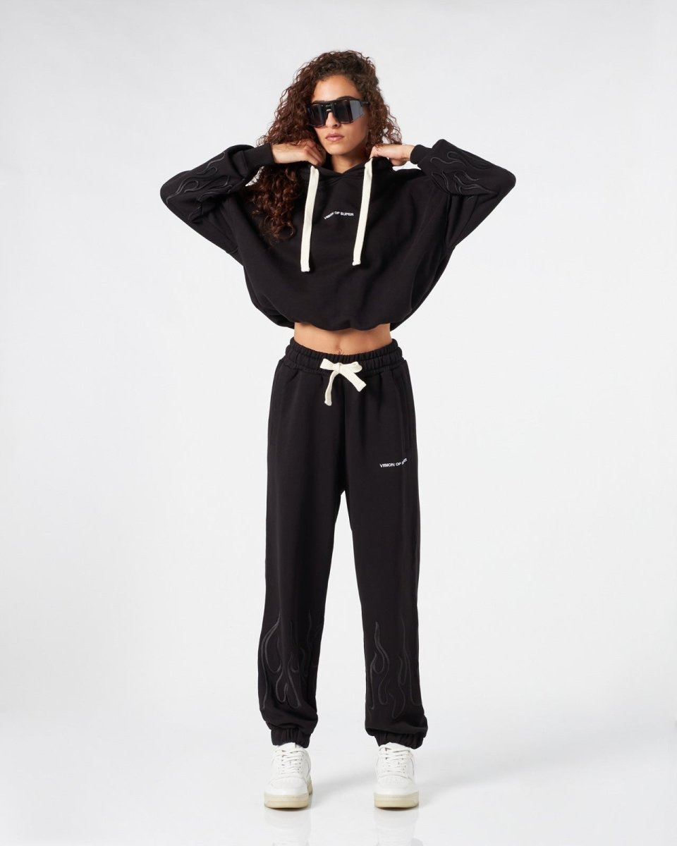 Vision Of Super BLACK WOMAN PANTS WITH BLACK EMBROIDERED FLAMES Convenienza