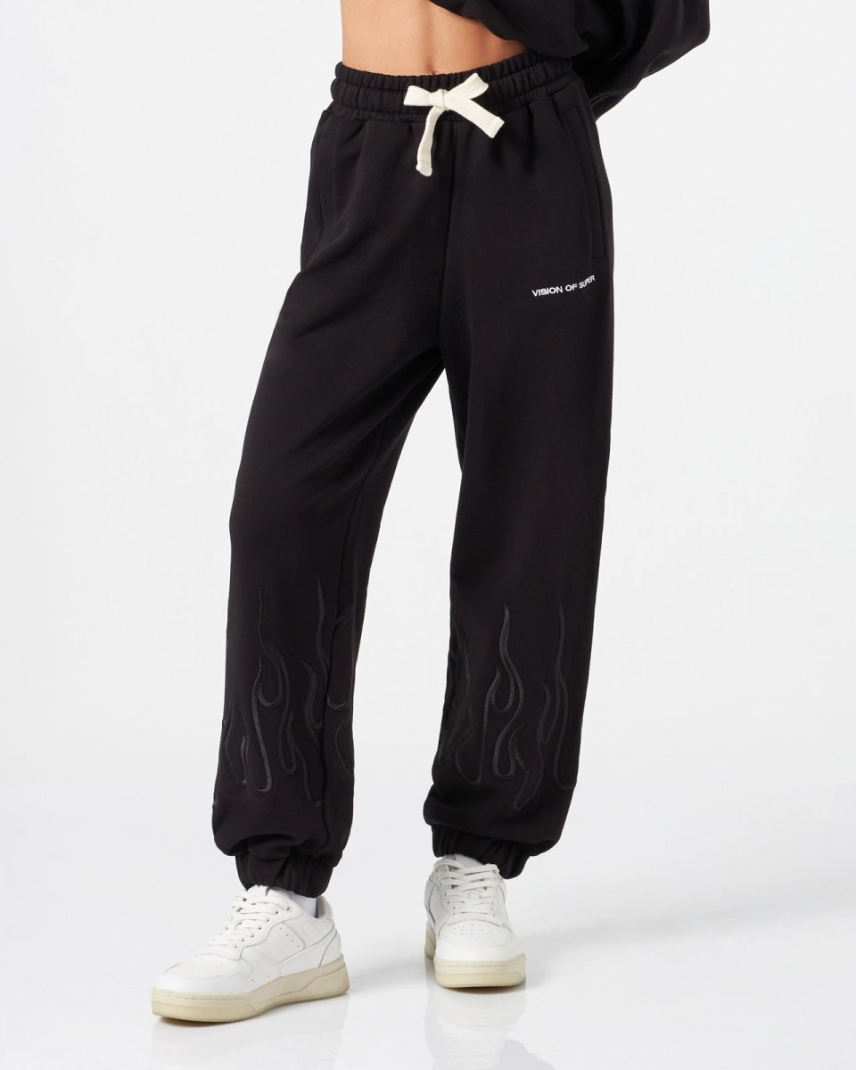 Vision Of Super BLACK WOMAN PANTS WITH BLACK EMBROIDERED FLAMES Convenienza