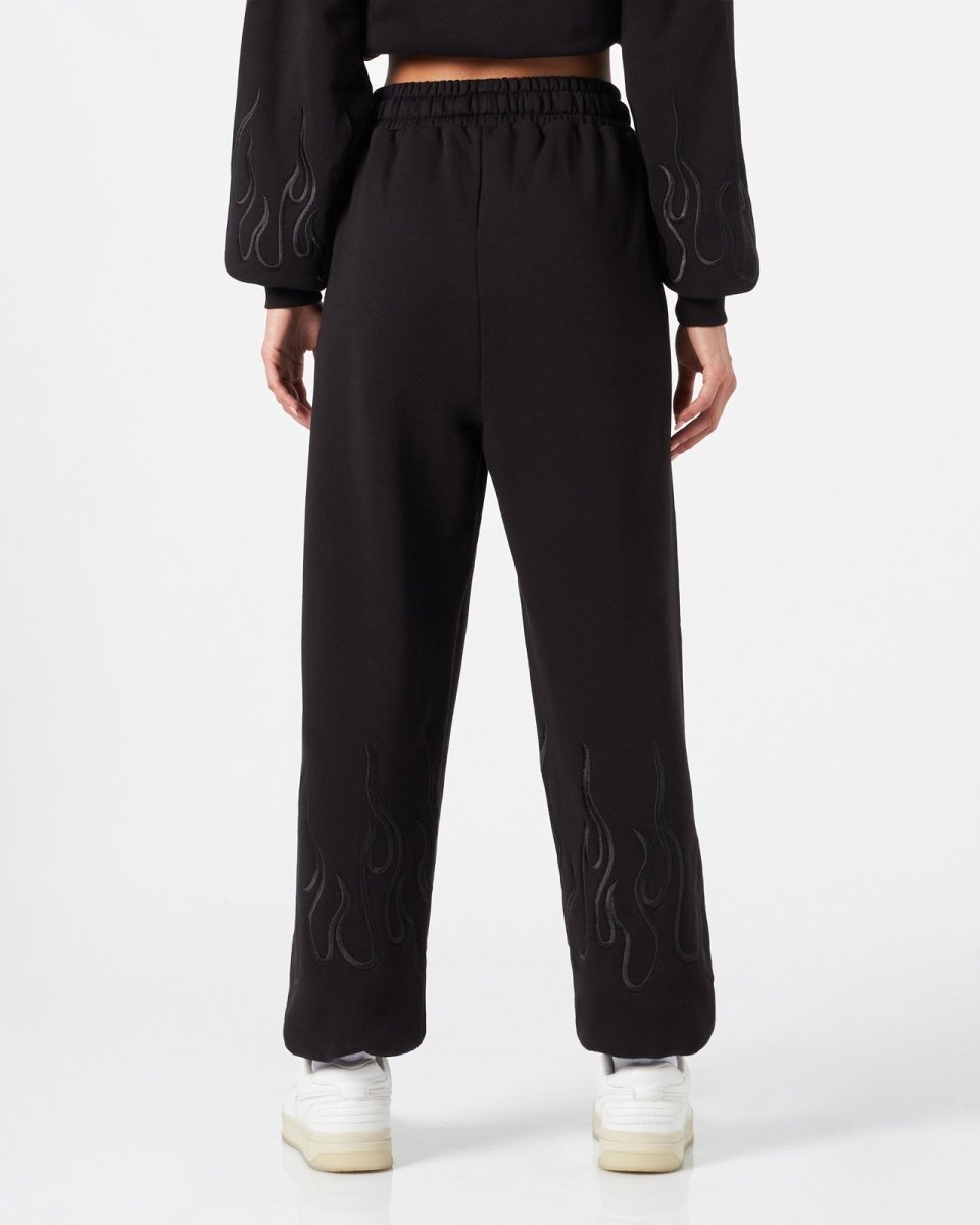 Vision Of Super BLACK WOMAN PANTS WITH BLACK EMBROIDERED FLAMES Convenienza