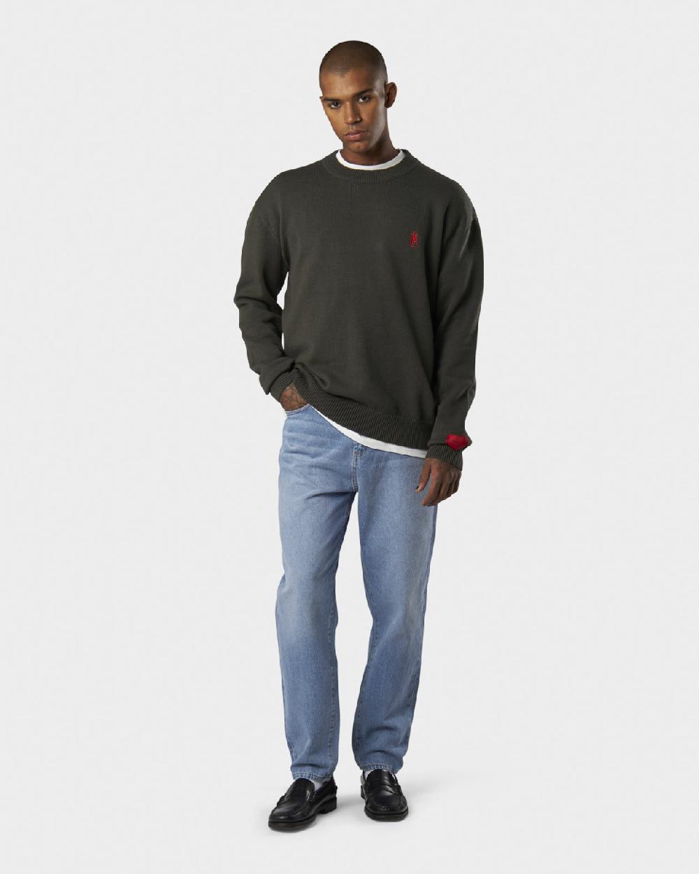 Vision Of Super MILITARY GREEN SWEATER WITH RED FLAME AND PRINTED LOGO Sconto