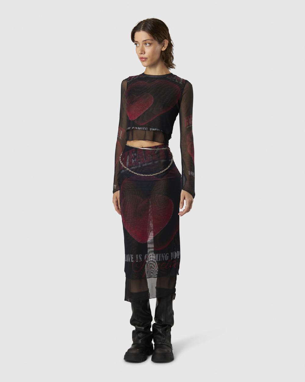 Vision Of Super BLACK LONGSLEEVE TOP WITH VELVET HEART PRINT Saldi